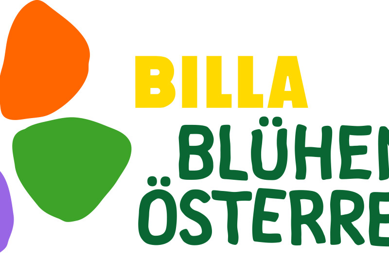 A colorful flower logo with four petals in green, orange, purple, and green-black. The text next to it reads "Billa Blühendes Österreich" in bold lettering.